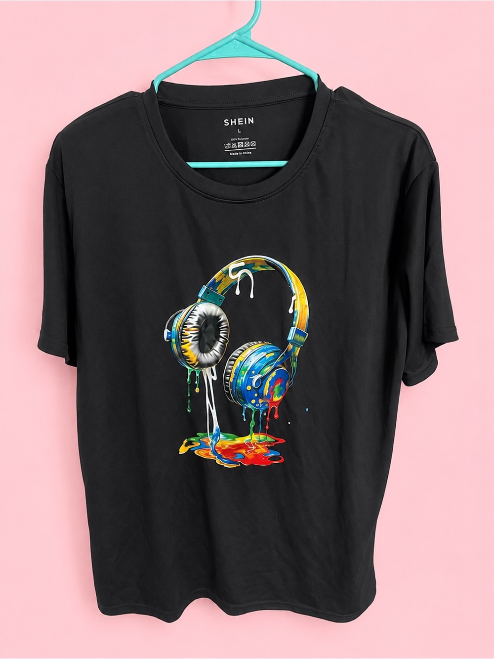 SHEIN Black Tee with Colorful Dripping Headphones Graphic